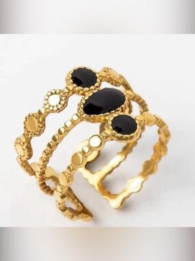 Plunder Gold-Tone Black Stone Stacking Ring Set — adjustable